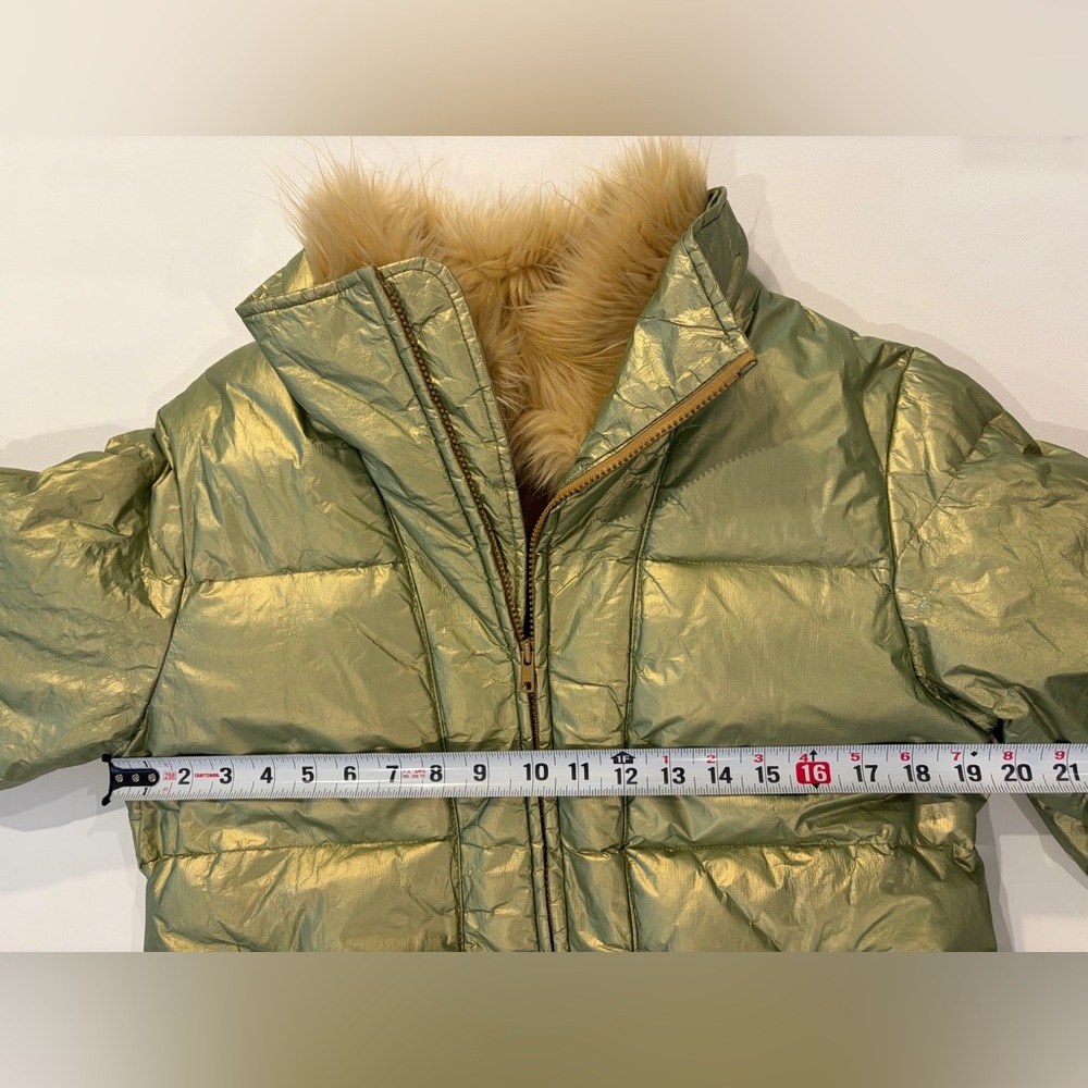 The Limited Down Puffer Liquid Green Gold Metallic Shimmer Jacket Fur Hood - Picture 5 of 16